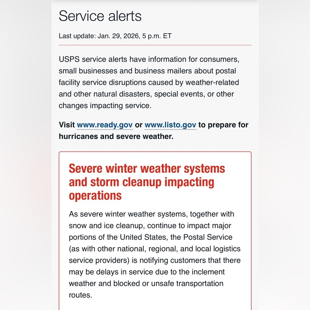 ‼️ Grace & Mercy: USPS Winter Weather Service Disruptions Notice